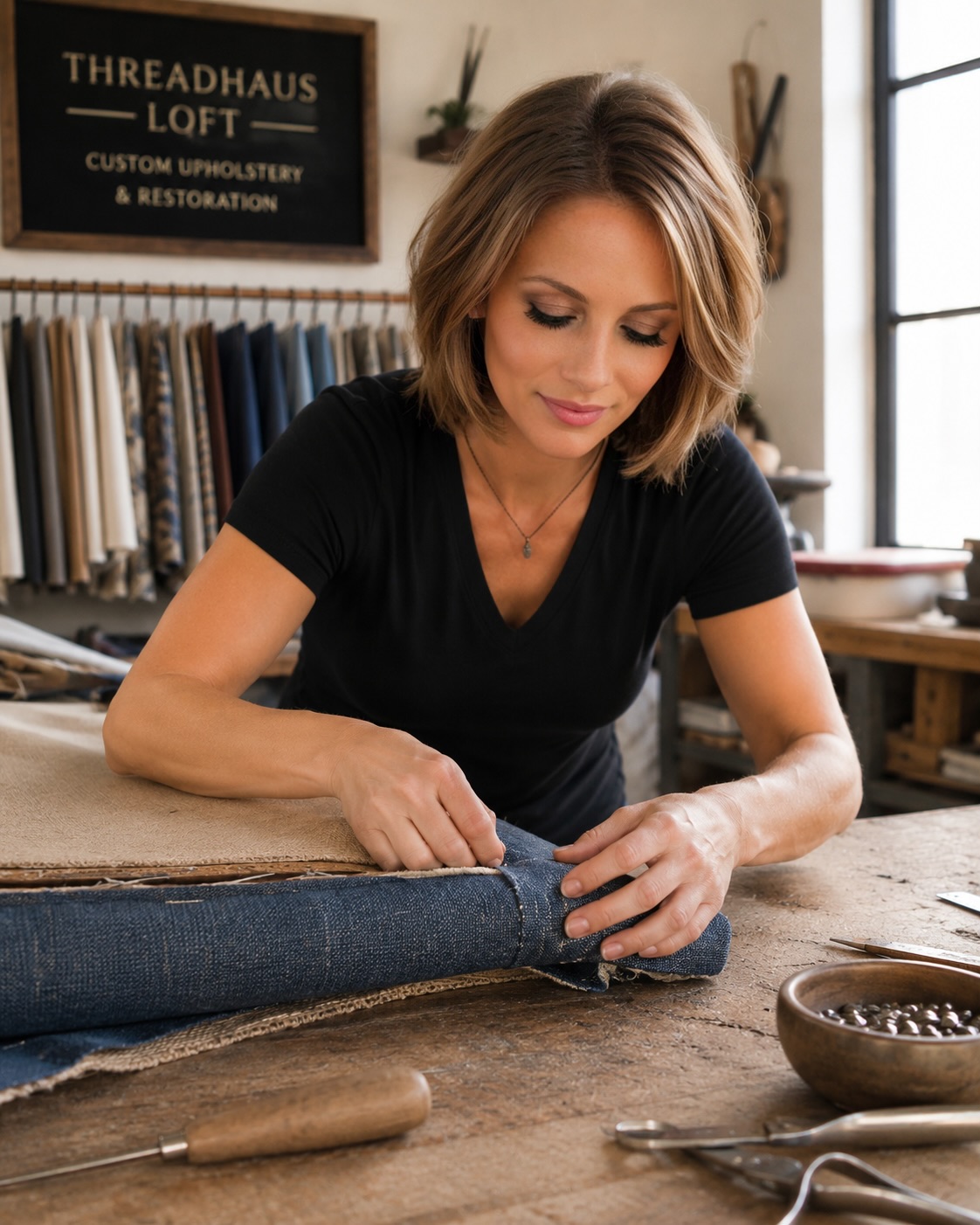 ThreadHaus Loft owner stitching blue fabric at her worktable with fabric samples behind her