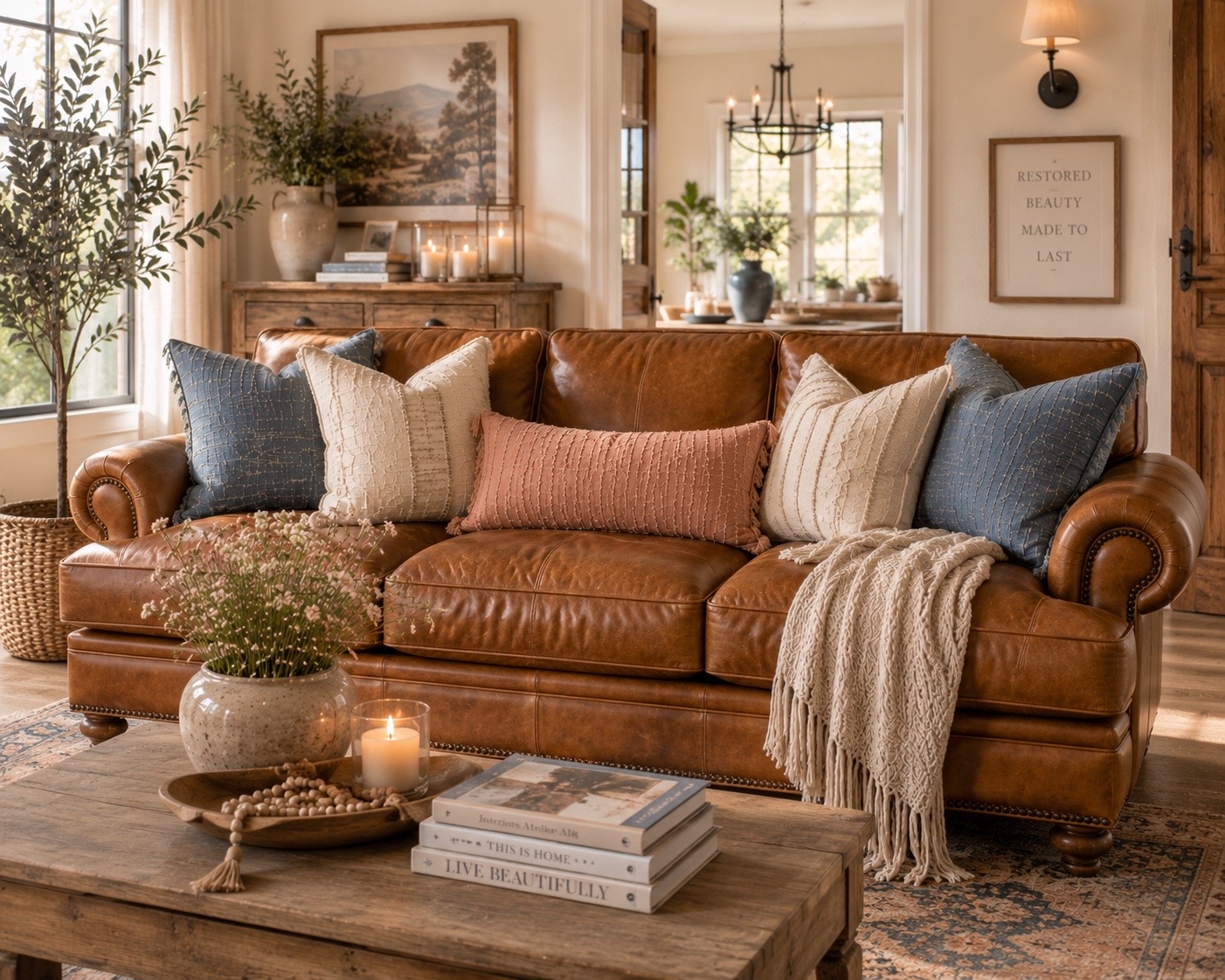 Brown leather sofa with upholstered cushions