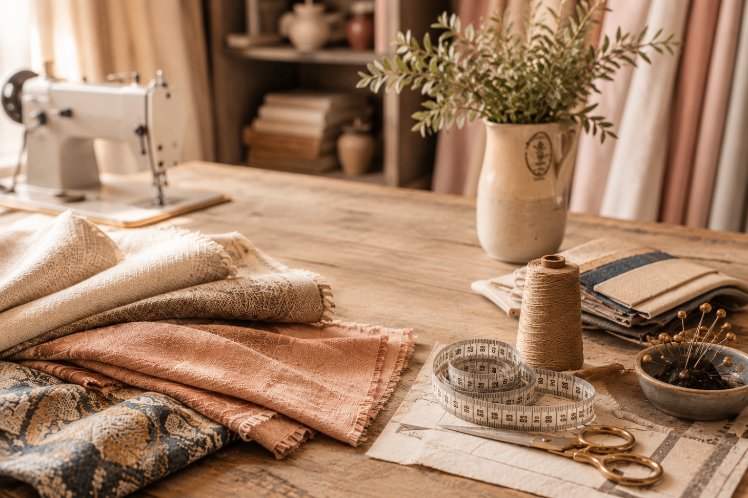 Fabric swatches and a sewing machine laid out on the ThreadHaus Loft worktable