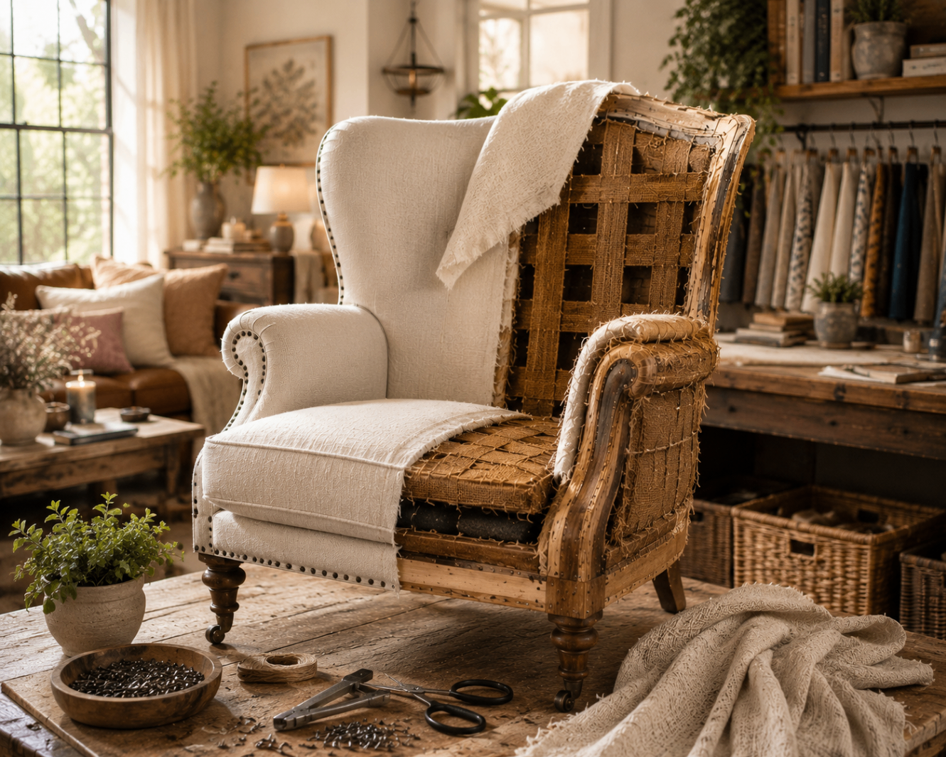 Wingback chair undergoing upholstery work