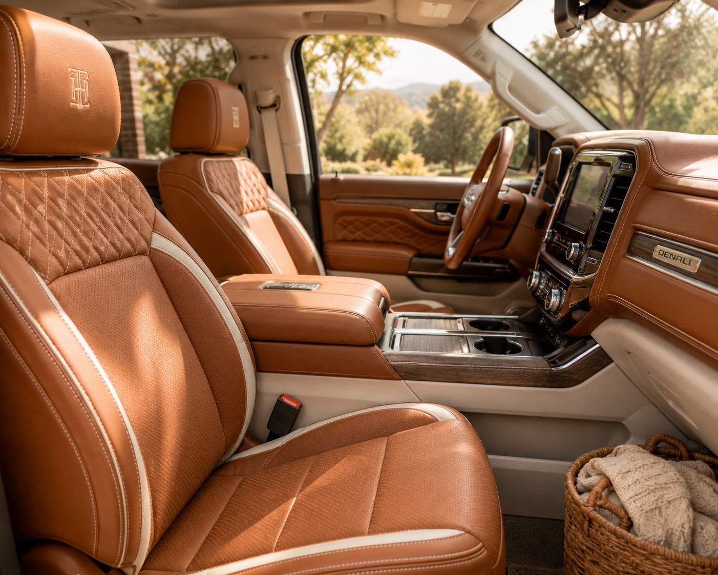 Brown leather vehicle seats and coordinating door panels